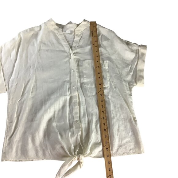 Charter Club Women’s White Linen Button Front Tie Hem Shirt Size M Collarless - Picture 7 of 16